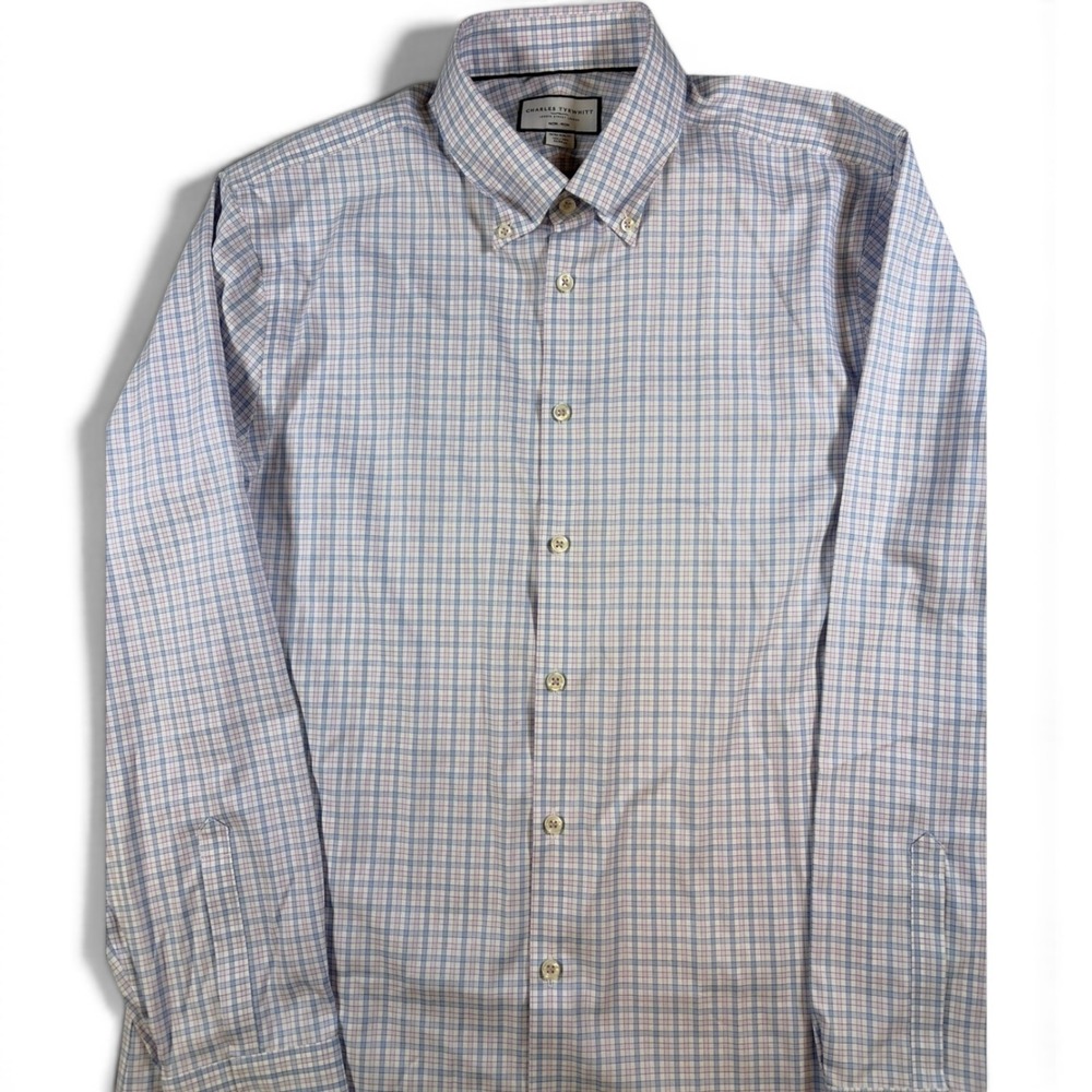 Charles Tyrwhitt Mens 16.5/35 Extra Slim Fit Non-Iron Check Dress Shirt Blue